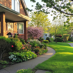 Home and healthy front yard during late spring season 