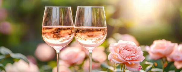 Romantic setting with two glasses of sparkling rose wine and pink roses