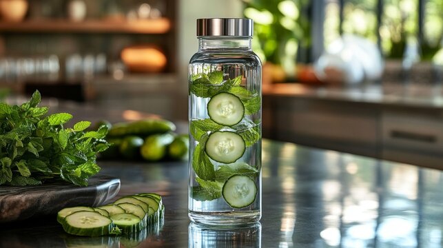 Slices of cucumber and mint leaves are infused in a glass bottle of water placed on a kitchen counter, showcasing a refreshing beverage surrounded by fresh ingredients.