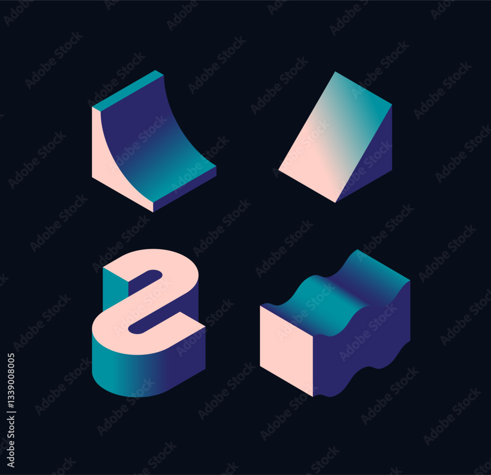 Poster abstract 3d geometric shapes with gradient colors on a dark background. the design features modern, 