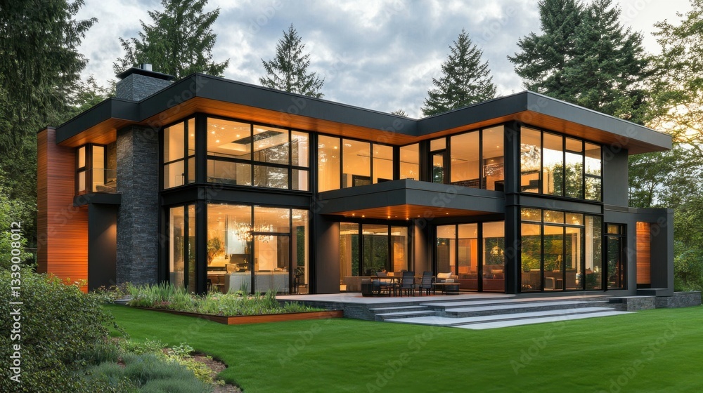 Poster modern house with floor-to-ceiling windows and an open floor plan, emphasizing spaciousness