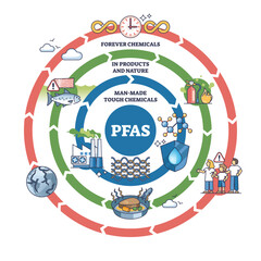 Naklejka premium PFAS chemicals diagram shows their cycle in nature, highlighting pollution sources and effects, transparent background.