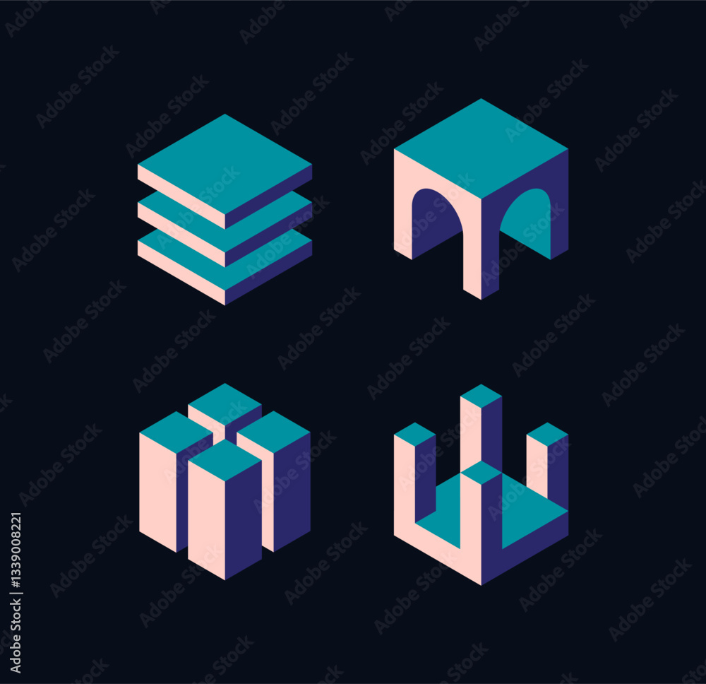 Poster set of four geometric isometric building icons in a modern, minimalist style. the icons feature abst