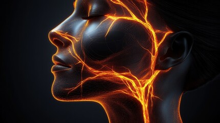 Detailed Illustration of Trigeminal Nerve Anatomy Highlighting Pain Zones in the Face with a Glowing Red Visual Effect Near Nose and Cheek Area