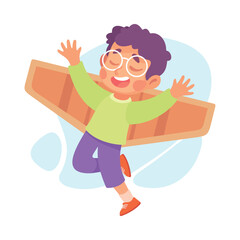 Wings with Boy Character Pretend Flying Vector Illustration