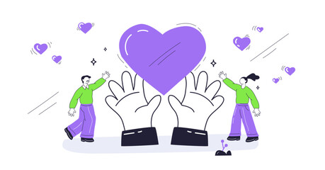 Charity is symbolized by hands holding a heart, with people engaging joyfully, transparent background.