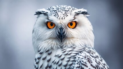 Majestic snowy owl with striking orange eyes gazing intently against a frosty background
