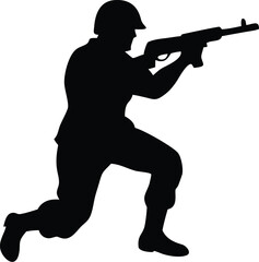 A crouching military army soldier or police swat man or person aiming a gun or handgun or pistol weapon silhouette shadow. War troops icon or symbol - Simple vector illustration
