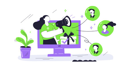 Customer referral concept with a person using a megaphone to connect with others, highlighting communication and engagement, transparent background.
