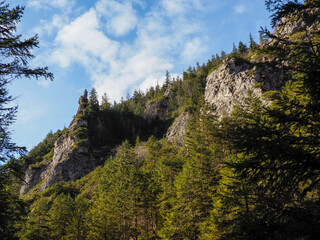 Majestic Mountain Landscape with Dramatic Rock Face Rising Above Spring Forest Under Partly Cloudy Blue Sky