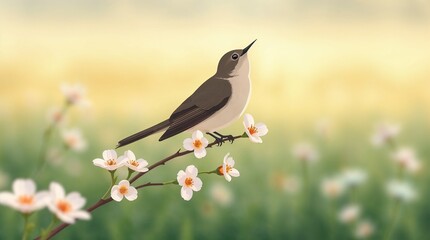 A charming illustrated bird perched on a flowering branch in a dreamy floral landscape