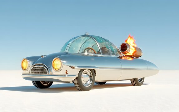 A retro-futuristic rocket car with a polished chrome finish, fiery rocket boosters, and a bubble-shaped glass cockpit, speeding on a desert salt flat.