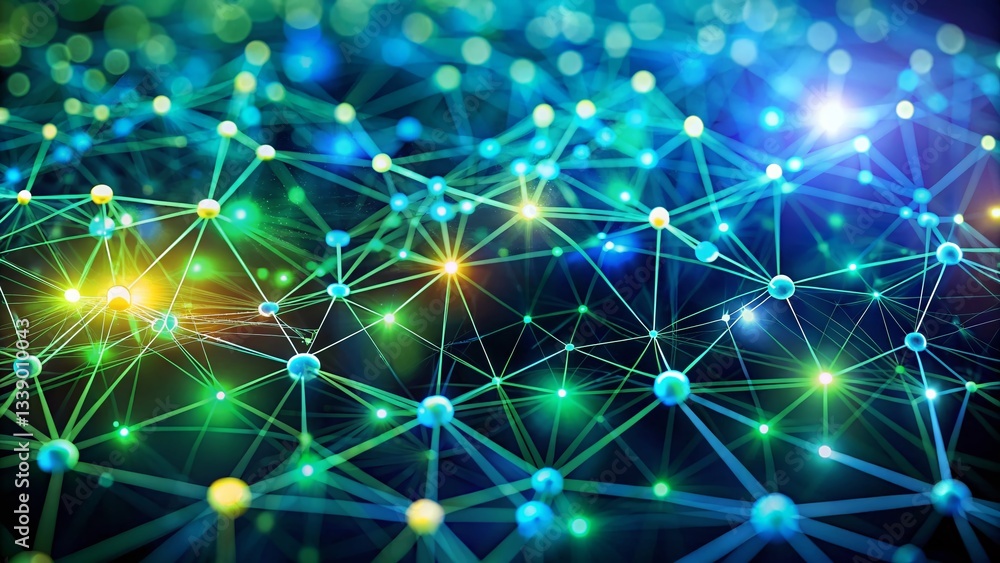 Poster glowing nodes network: abstract digital molecular structure, dark bokeh background stock photo