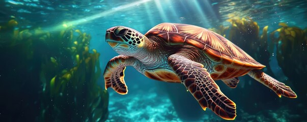 Fototapeta premium Sea turtle conservation landscapes idea. A majestic sea turtle swims gracefully in a vibrant underwater environment.