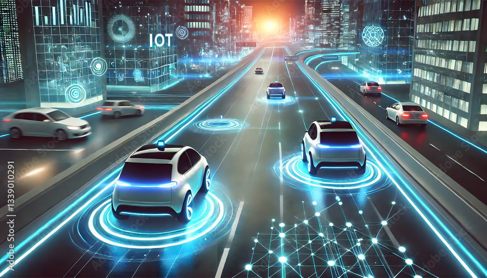 Poster futuristic smart highway with autonomous self-driving cars connected to a digital network, represent