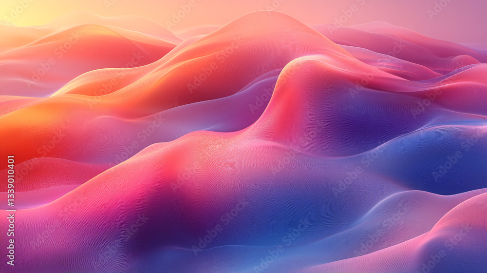 Poster a colorful, abstract depiction of flowing waves, blending soft pinks and blues, creating a serene an