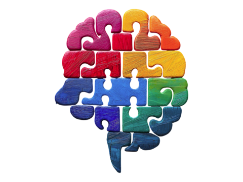 Colorful wooden puzzle pieces shaped as a brain on rustic wood.  A vibrant metaphor for intellect, creativity, and problemsolving. Ideal for education, psychology, or business concepts.