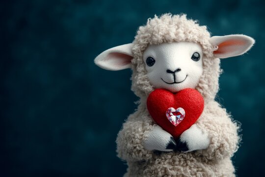 Ad campaign conceptual art. Digital ads concept. Sheep - my treasured animal. Cute sheep baby with diamond red heart - emblem of love, funny greeting card. Valentine's animal themes.