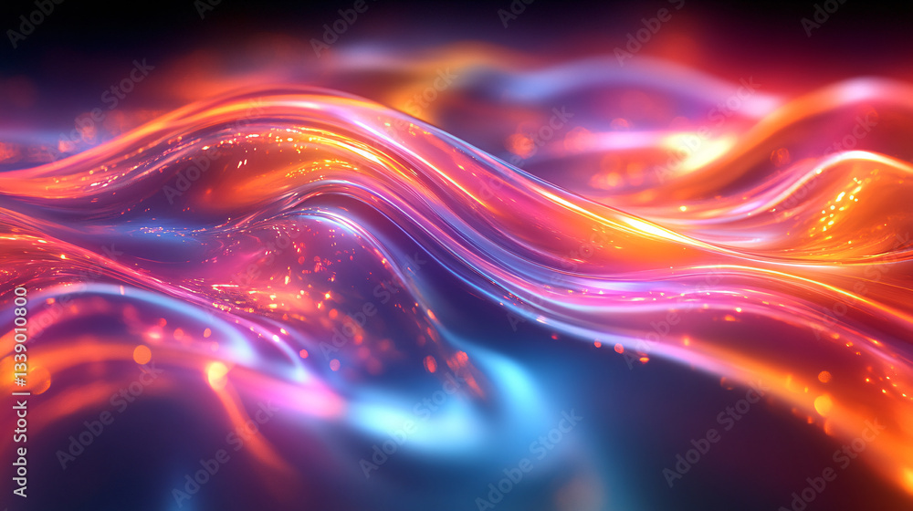 Poster a vibrant, abstract image of flowing waves with colorful light patterns, creating a mesmerizing and 