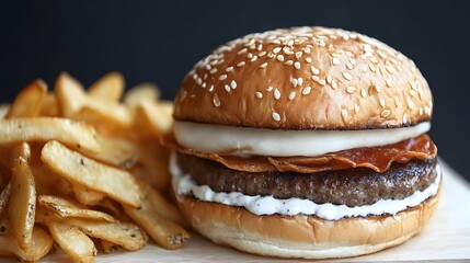 Juicy Bacon Cheeseburger with Crispy Fries