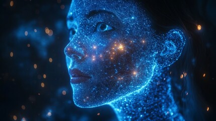 Abstract digital portrait of a woman's face, composed of glowing particles and lines against a dark background.