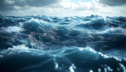 Fototapeta premium Dramatic ocean waves under a stormy sky. Dark blue water, whitecaps, and strong texture