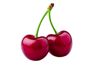 Two ripe, red cherries, glistening with vibrant color, are presented against a clean white background.