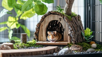 A clean hamster cage with a curious hamster peeking out of its small house, ready to play.