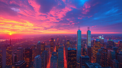 Fototapeta premium A stunning city skyline at sunset, showcasing two tall buildings against a vibrant, colorful sky filled with clouds.