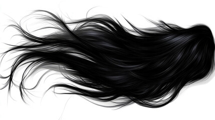 Black hair on a white background, flowing in the wind, 
