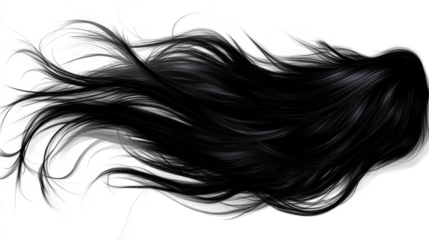 Black hair on a white background, flowing in the wind, 