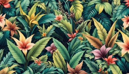 Obraz premium Vibrant tropical plants lush garden illustration colorful environment close-up view nature's beauty