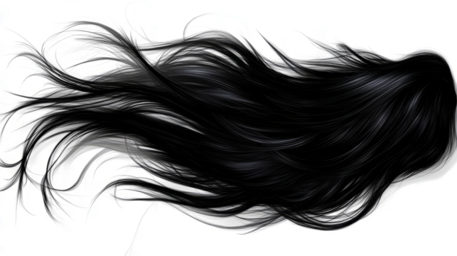 Black hair on a white background, flowing in the wind, 