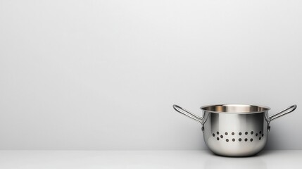 Topdown view of a stainless steel colander, reflective and clean, minimalist white setting
