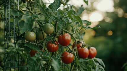 A tomato plant growing inside a metal tomato cage in a backyard garden, filled with ripe tomatoes.