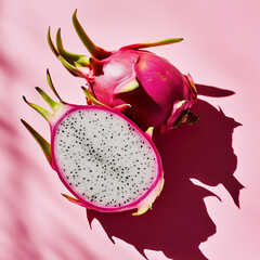 Fresh dragon fruit with vibrant pink skin and white flesh on pink background