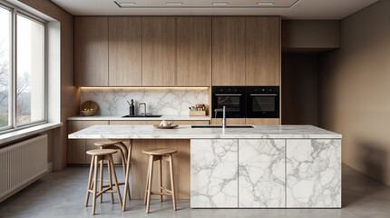 A kitchen with a marble counter top and wooden stools