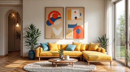 A living room with a yellow couch and two paintings on the wall