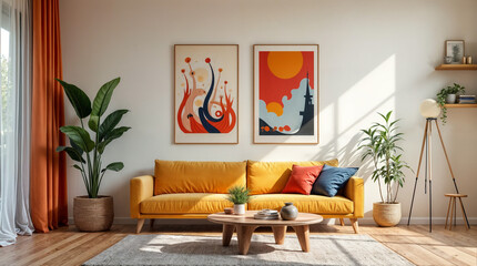 A living room with a yellow couch and two paintings on the wall