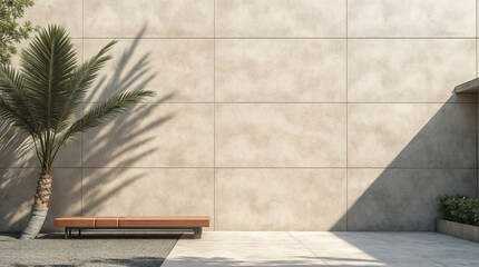 A bench is in front of a wall