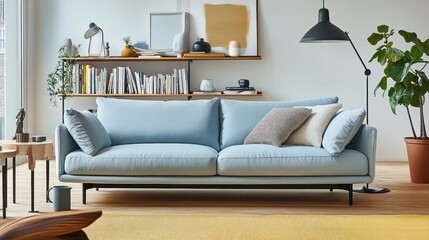 Obraz premium A comfortable modern living room scene with blue sofa and decor