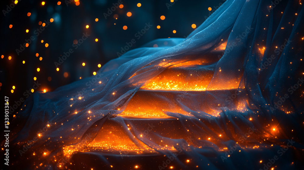 Aufkleber a mystical staircase draped in shimmering fabric, illuminated by glowing particles that create an en