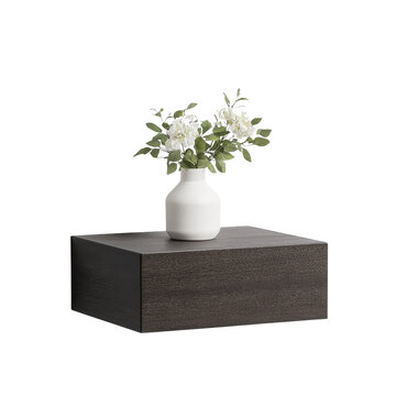 Elegant vase with flowers on a modern wooden table, white isolated background.