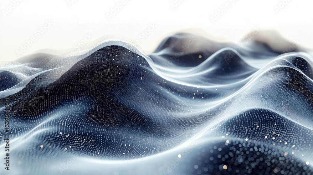Poster abstract dark blue wavy surface with glowing particles.