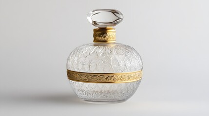 Transparent perfume bottle with a decorative gold band around the neck