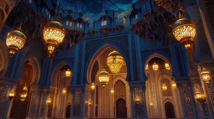 Obraz premium A majestic Moroccan mosque with towering archways and a radiant golden dome, bathed in the warm glow of hanging lanterns. The sky is a vast deep blue with swirling painterly textures, adding depth a