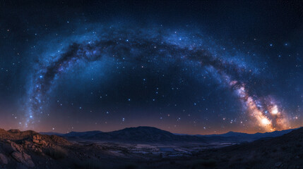 Fototapeta premium Celestial Canvas: The Milky Way arches majestically over a mountainous landscape, casting a mesmerizing glow upon the terrain below, inspiring awe and wonder.