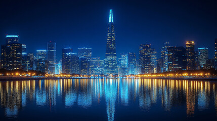 Obraz premium A stunning night view of a city skyline reflected in water, showcasing illuminated skyscrapers and a vibrant atmosphere.