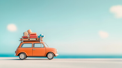 Classic Car on Beach Road with Luggage and Clear Sky.