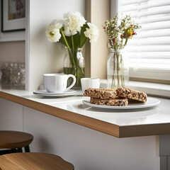Fototapeta premium A cozy kitchen corner with a white countertop, cups of tea, and a plate of granola bars, complemented by fresh flowers and soft natural light from a window.